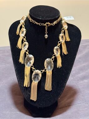 Gold-Tone Necklace with Clear Crystal Drops and Tassels
